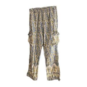 Gypsy Rose Yellow Blue Elephant Print Boho Hippie Palazzo Pants Womans One Size